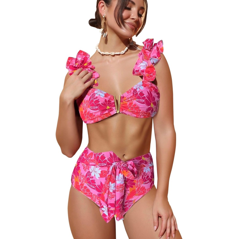 SPORLIKE Women High Waisted Swimsuit‎ Flounce Straps Bikini Bathing Suit XL NWT